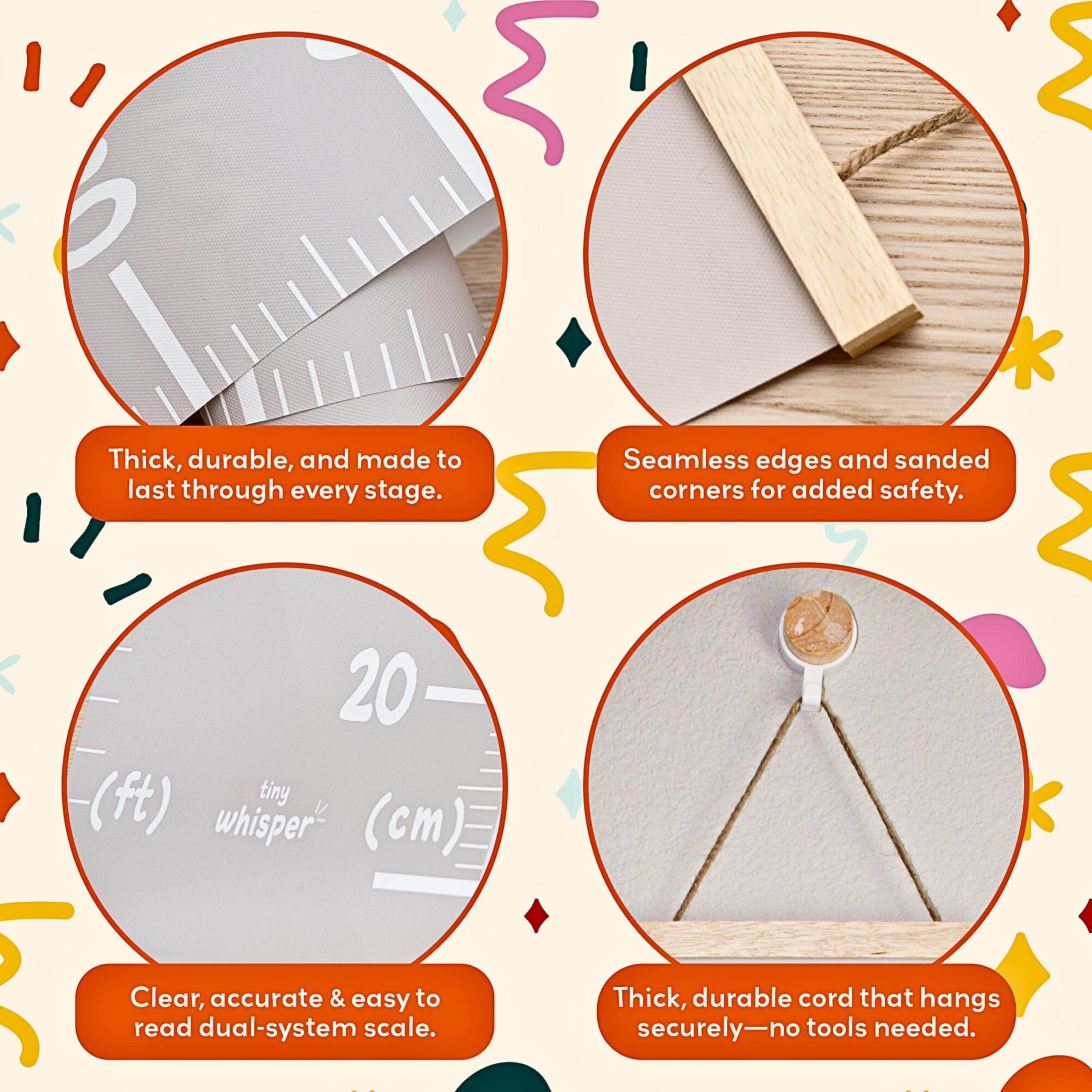 Tiny Whisper height chart hook mounting shows secure wall hanging with simple setup