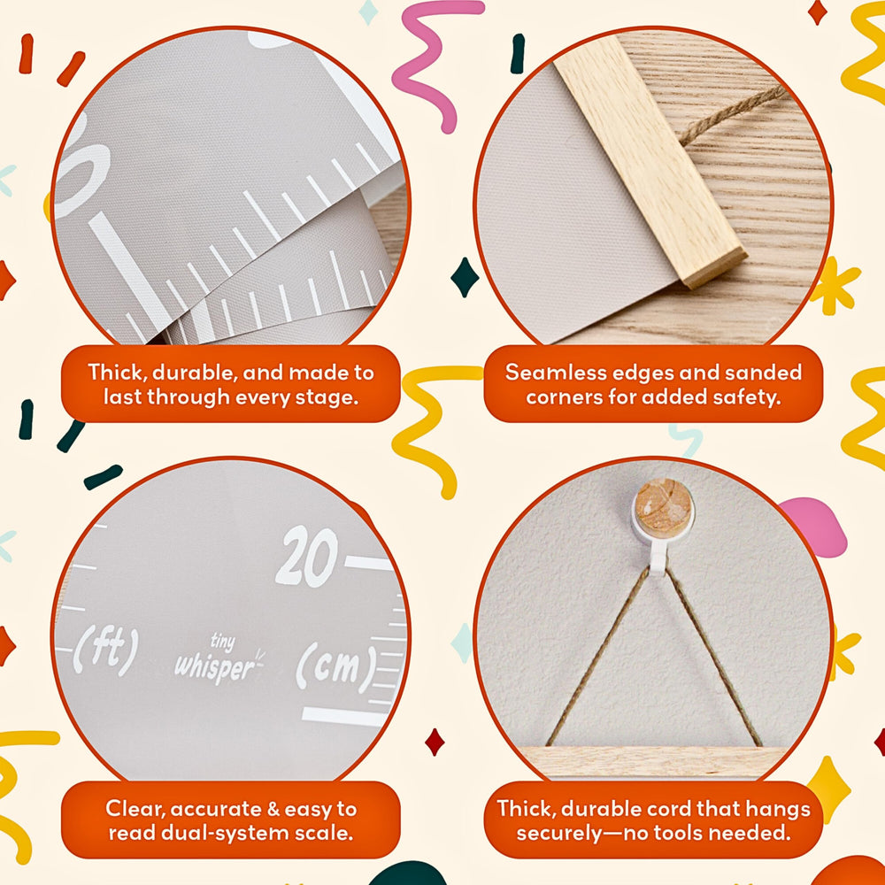 Tiny Whisper height chart hook mounting shows secure wall hanging with simple setup