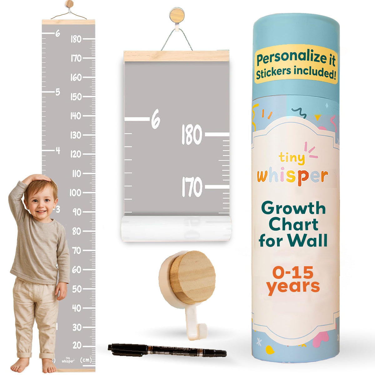 Tiny Whisper height chart wall setup enables quick tool-free mounting in a child's room