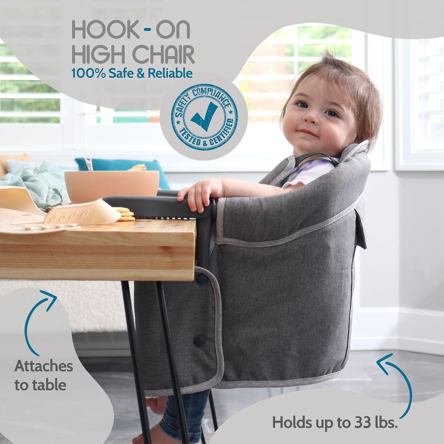 Tinybow Hook On High Chair folded for travel; lightweight at 5 lbs.