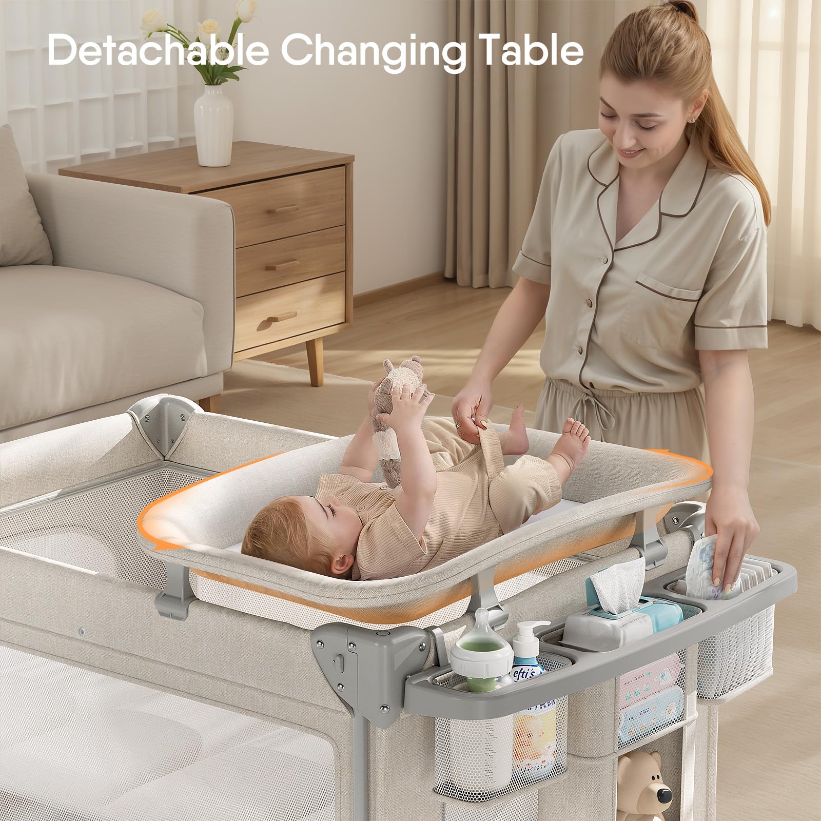 TinyGlow 4-in-1 bassinet side view highlighting close-to-baby design.