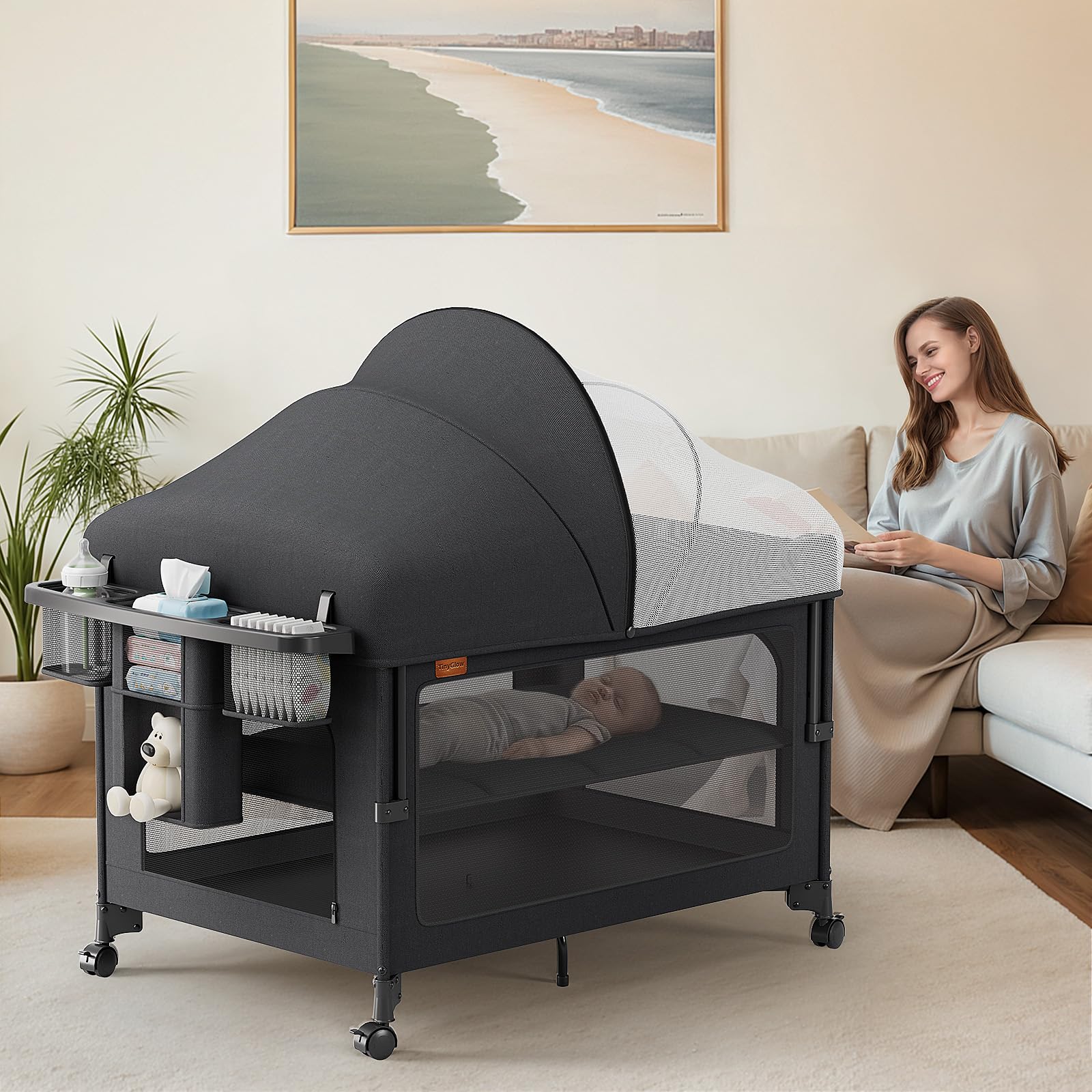 TinyGlow 4-in-1 bassinet setup enables close-to-baby sleep and easy nighttime care.