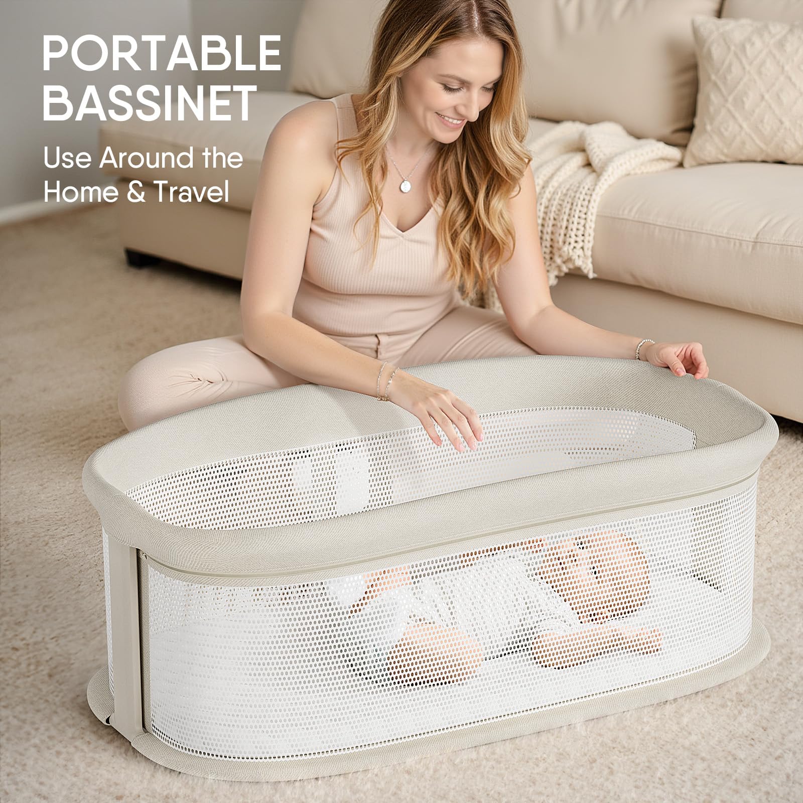 TinyGlow bassinet with 12 lullabies and smartphone pairing for personalized sleep.