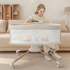TinyGlow bassinet showing five rocking speeds for customizable soothing motion.