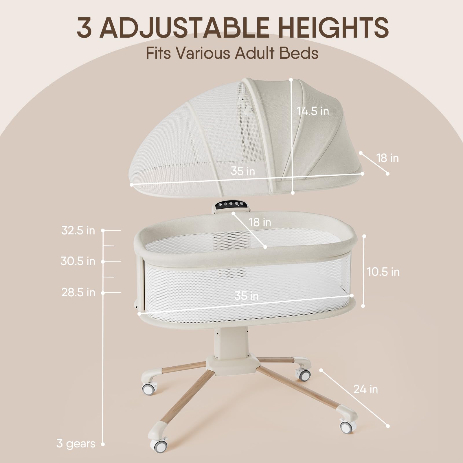 TinyGlow adjustable-height bassinet with lockable casters for stable positioning.