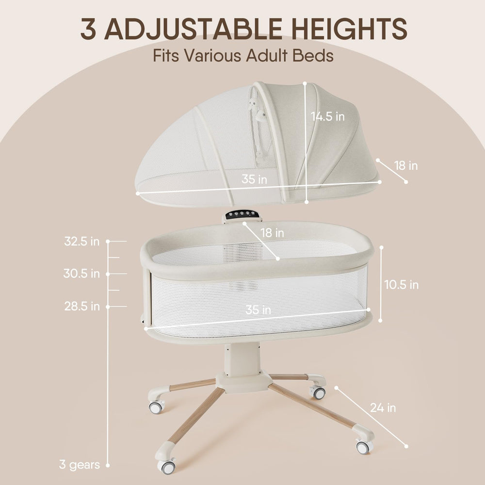 TinyGlow adjustable-height bassinet with lockable casters for stable positioning.