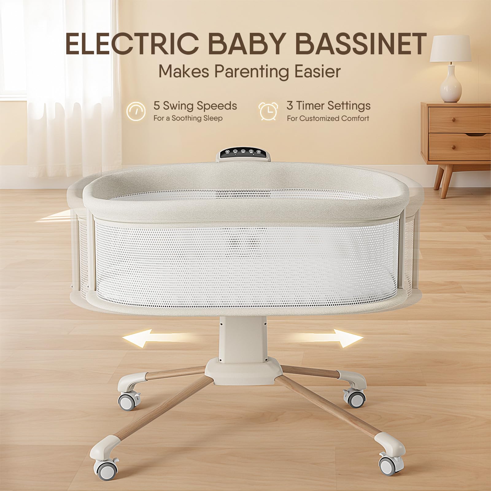 TinyGlow smart bassinet with timer modes for convenient nap scheduling.