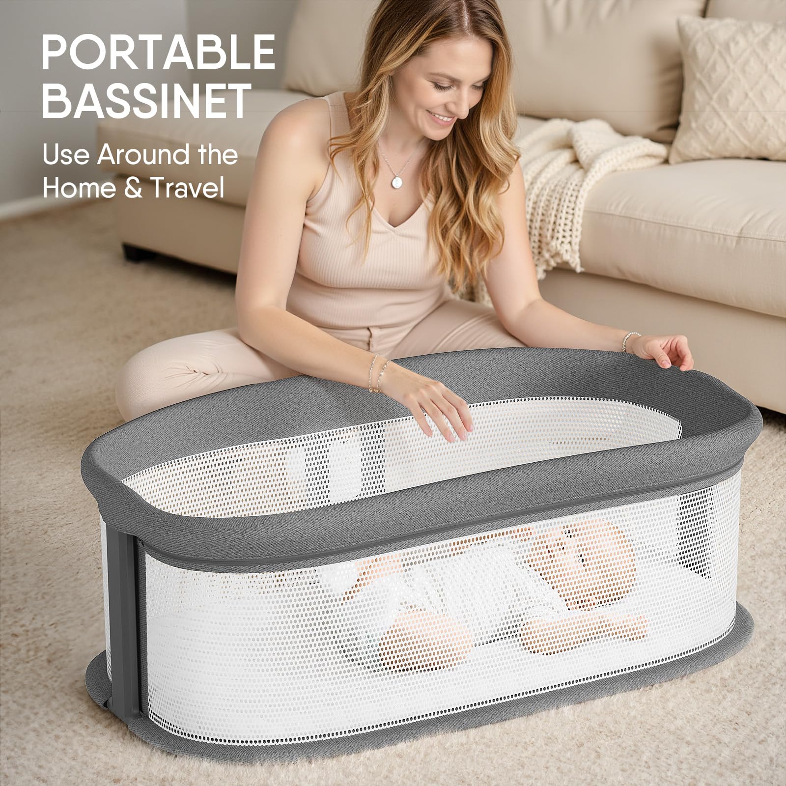 TinyGlow bassinet-adjustable-heights show three levels for seamless bed-space alignment.