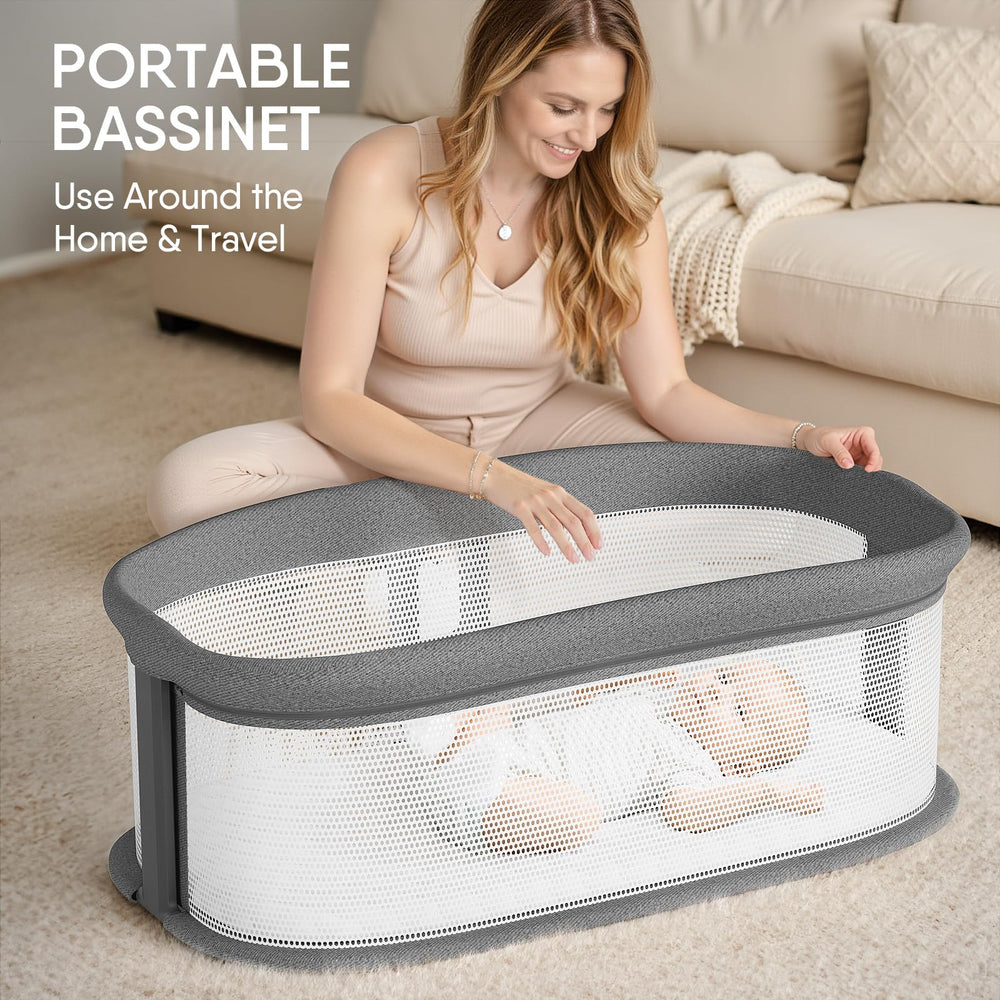 TinyGlow bassinet-adjustable-heights show three levels for seamless bed-space alignment.