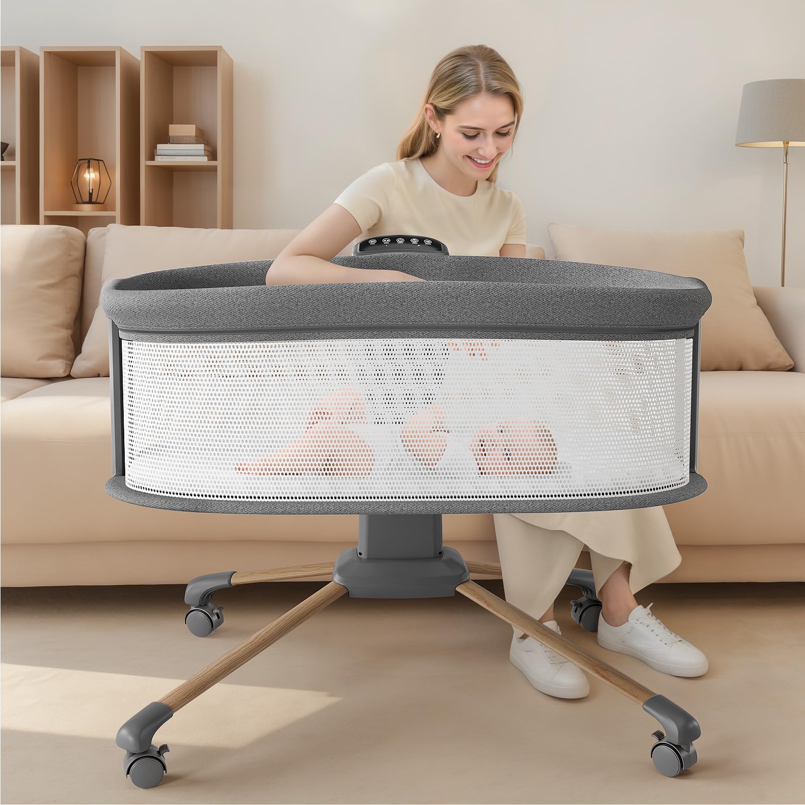 TinyGlow electric smart bassinet rocking-speeds demonstrate gentle soothing for naps.