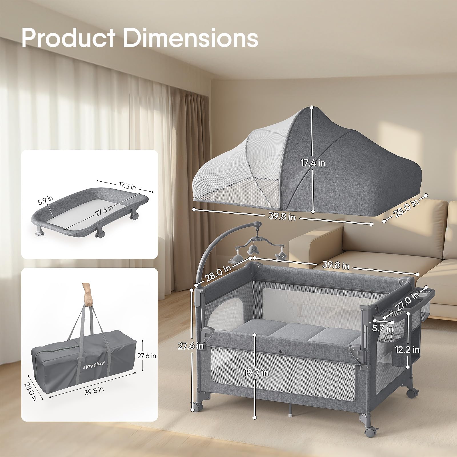 TinyGlow portable folded crib demonstrates compact storage and travel-ready design