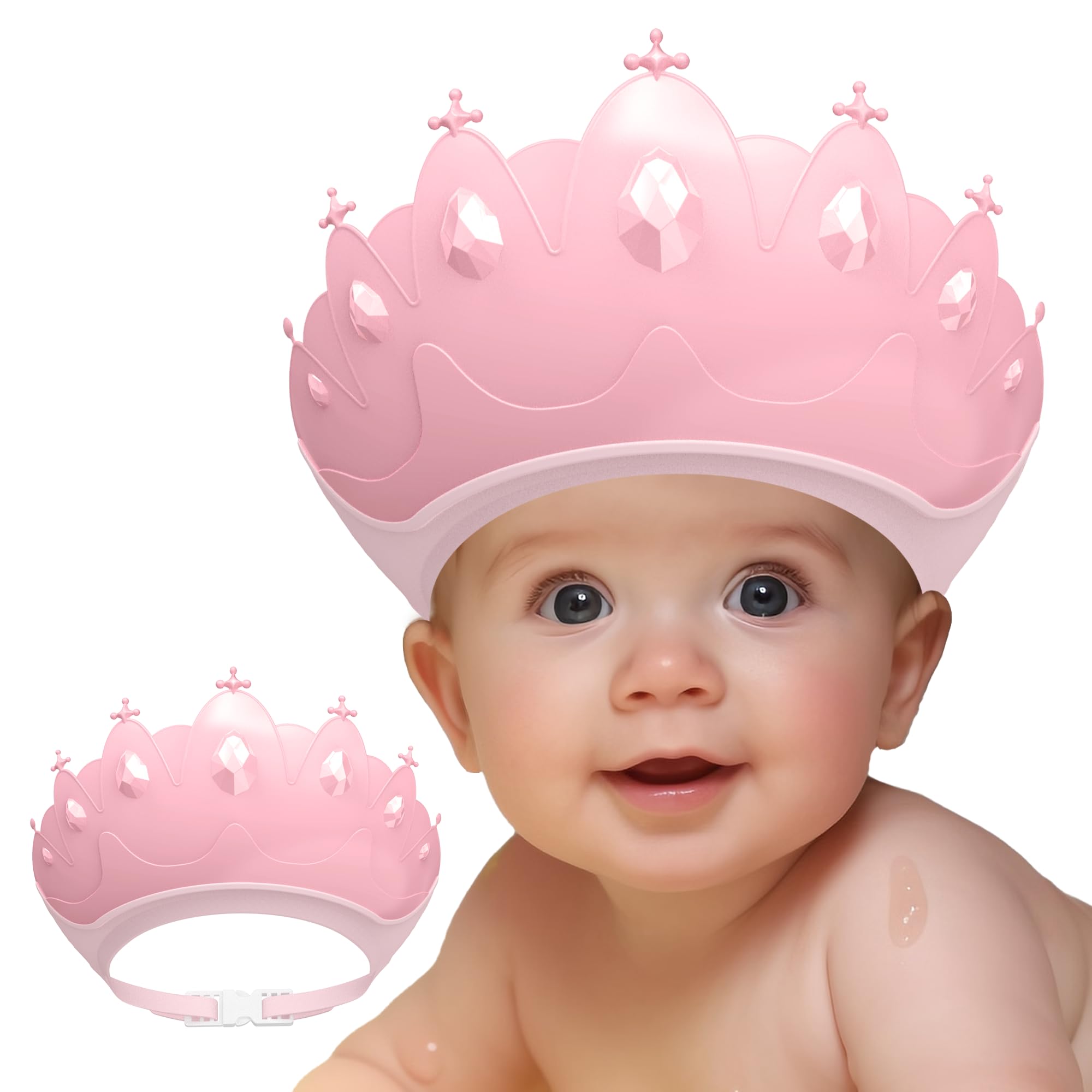 TinyGuardian pink crown front view baby shower cap for splash protection during bath time