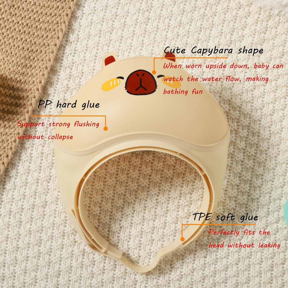 TinyGuardian baby shower cap yellow adjustable-strap view highlights flexible sizing for toddlers.