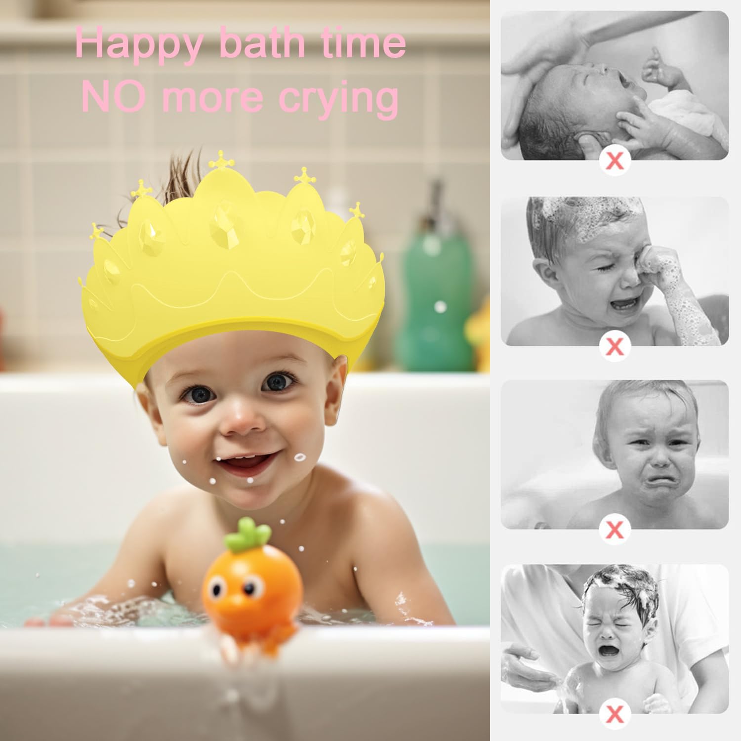 TinyGuardian baby shower cap in-use during bath shielding ears and reducing shampoo splashes