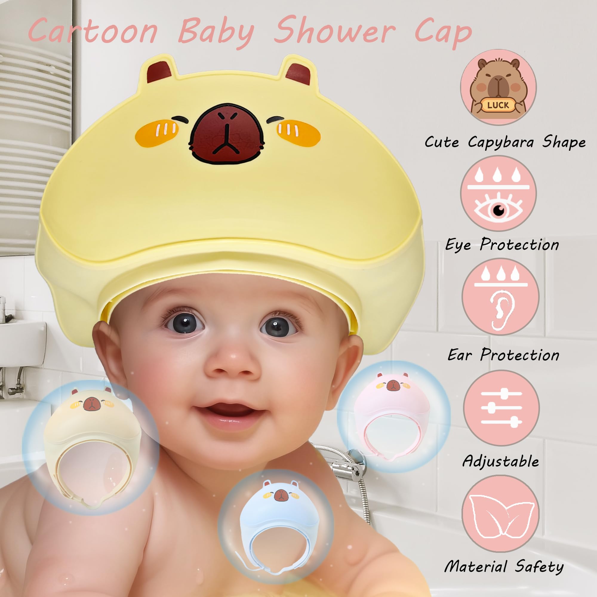 TinyGuardian baby shower cap yellow side view shows comfortable, adjustable fit during baths.