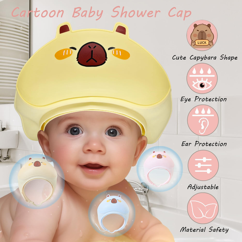 TinyGuardian baby shower cap yellow side view shows comfortable, adjustable fit during baths.