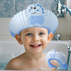 TinyGuardian baby shower capshield blue dinosaur front view protects eyes during bath.