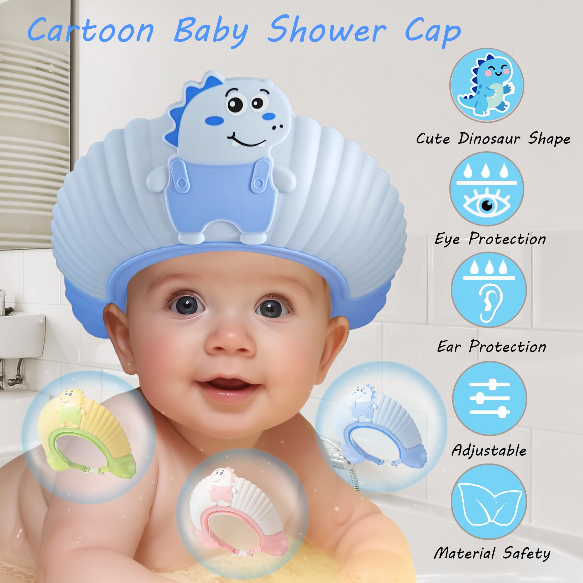 TinyGuardian baby shower capshield blue dinosaur side view shows adjustable fit.