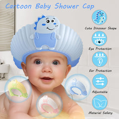 TinyGuardian baby shower capshield blue dinosaur side view shows adjustable fit.