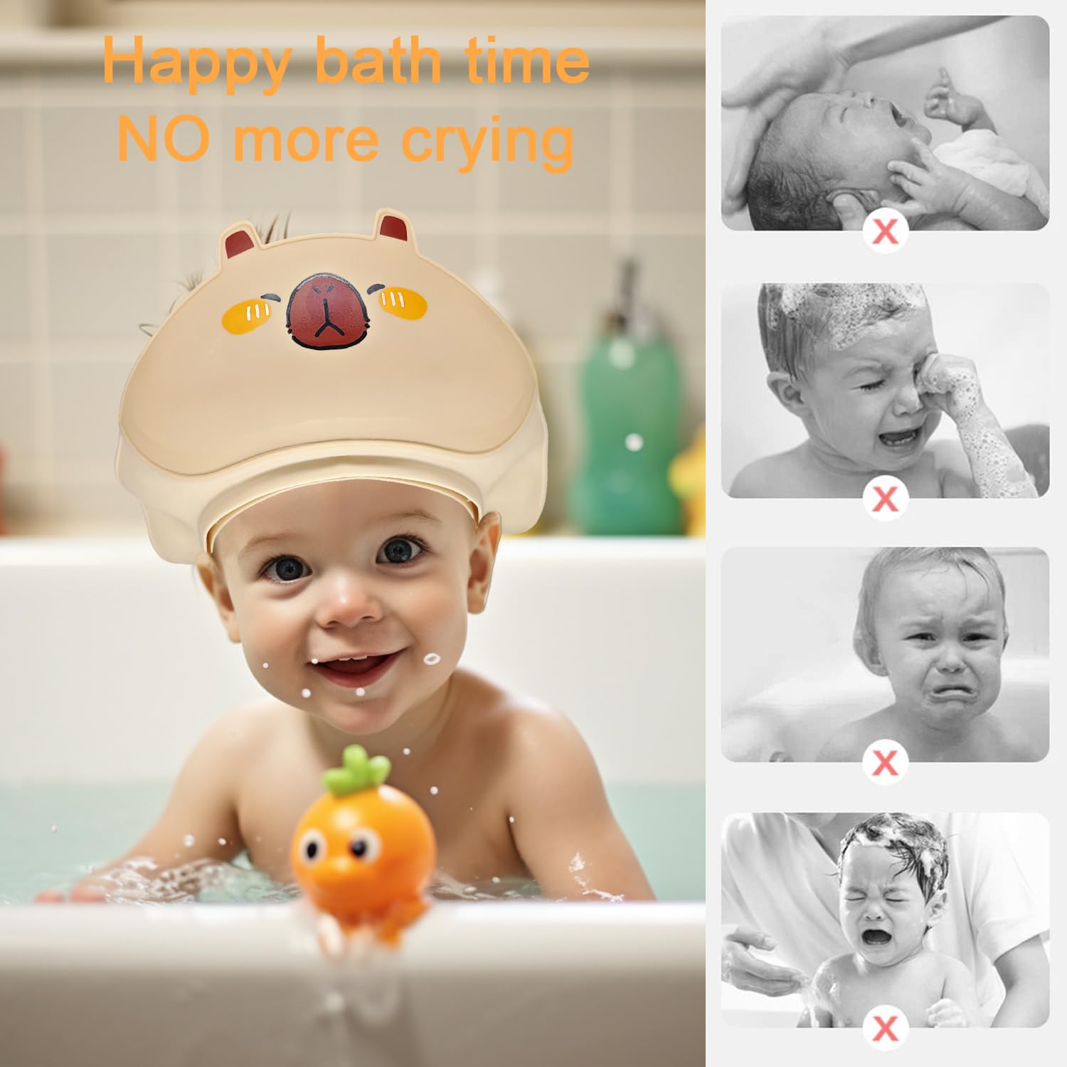 TinyGuardian bath visor yellow shampoo-foam barrier image emphasizes mess-free rinsing.