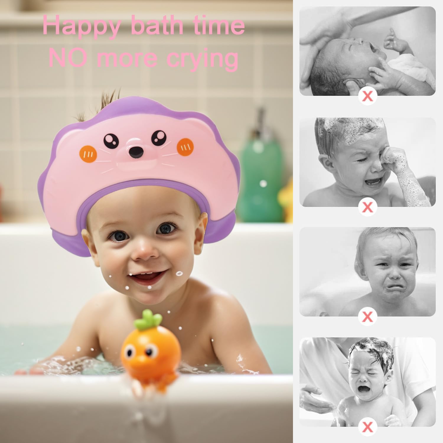 TinyGuardian sea lion shower visor adjustment button demonstration for secure fit