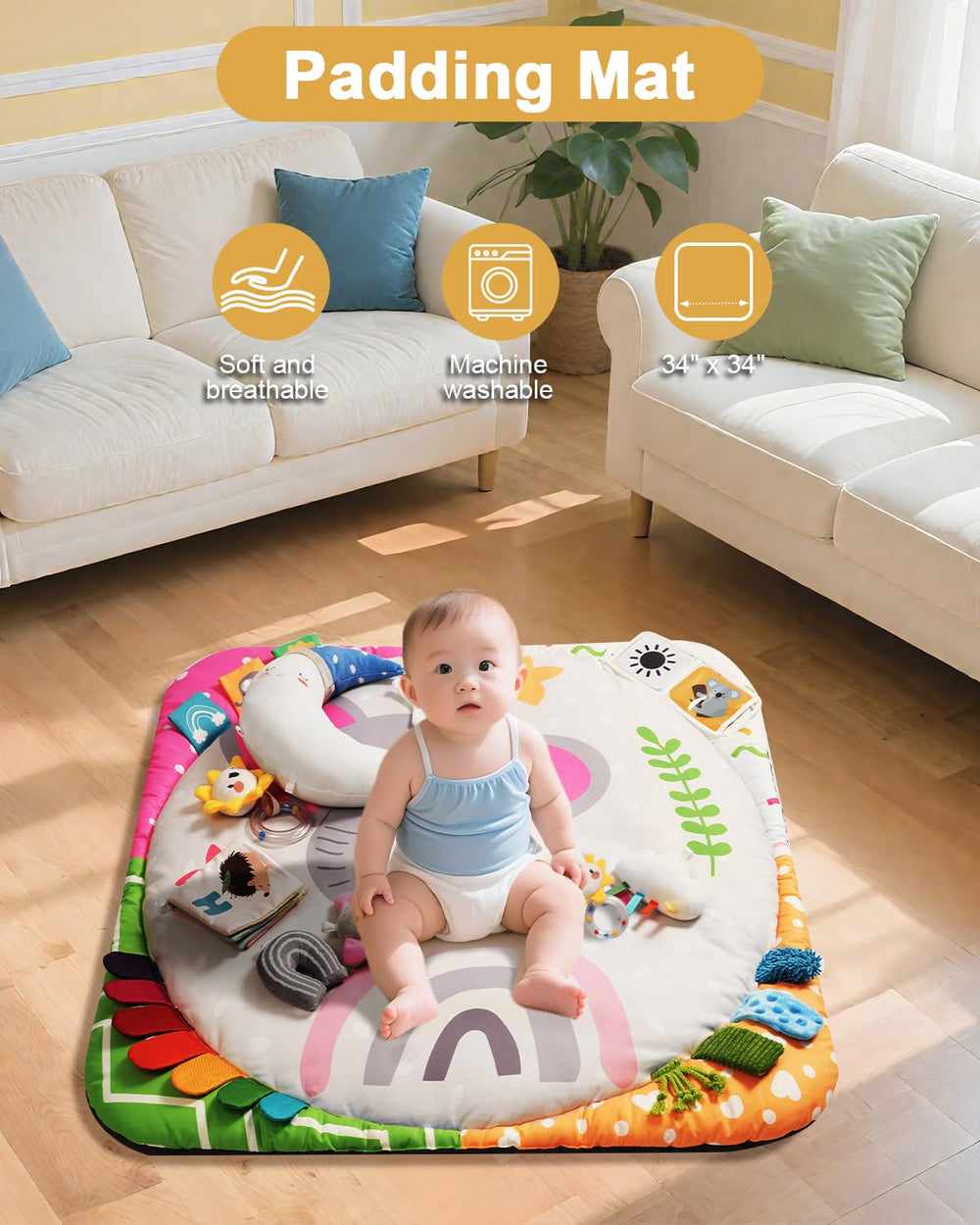 TinyHarbo central 30-inch play area encourages reaching and rolling.