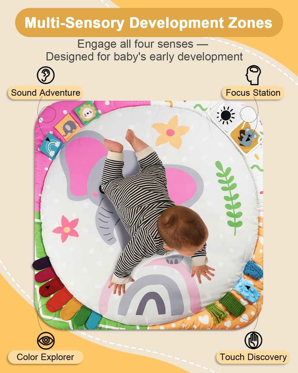 TinyHarbo play gym features six sensory toys for tactile and visual play.