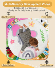 TinyHarbo play gym features six sensory toys for tactile and visual play.