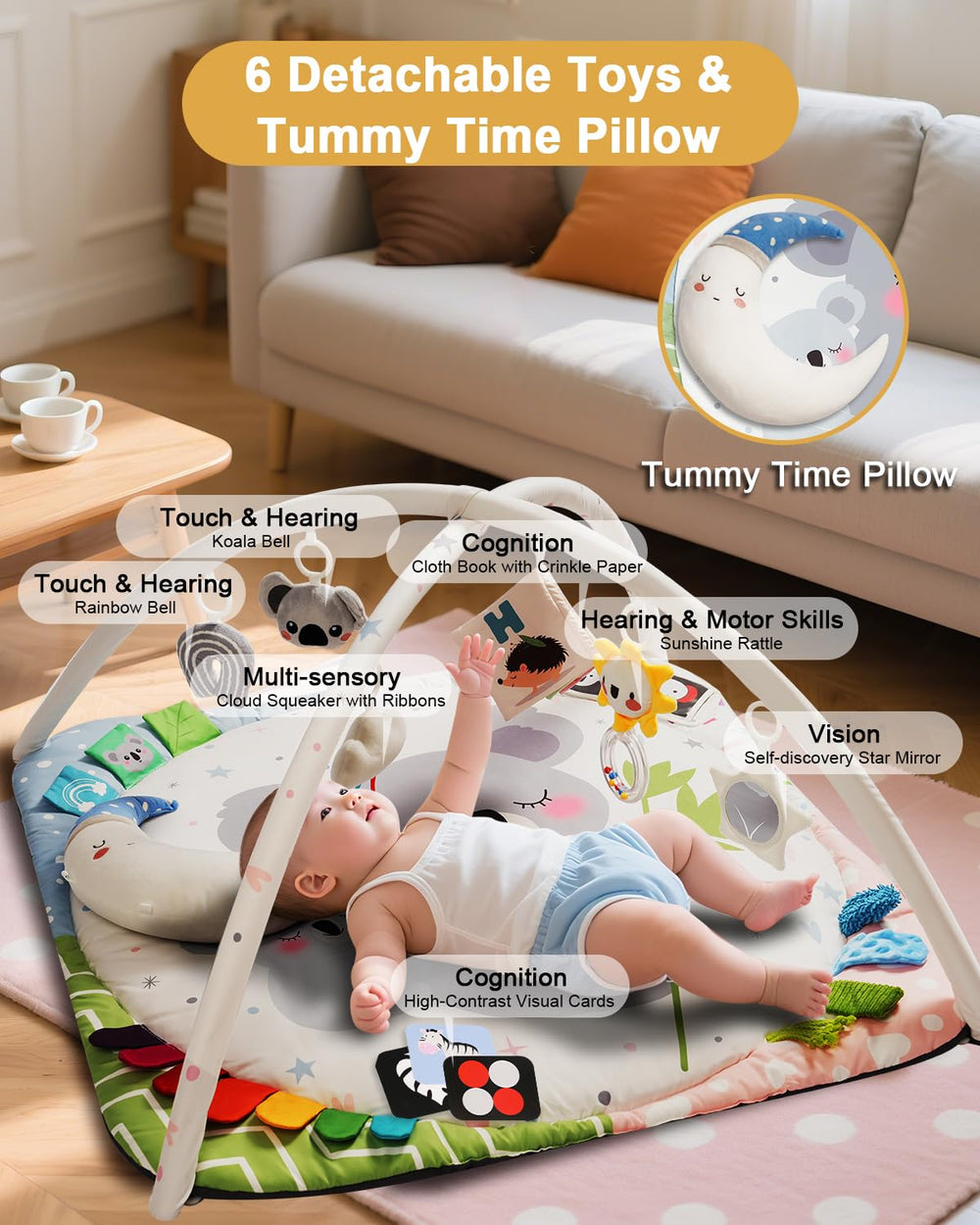 TINYHARBO tummy time pillow helps strengthen neck and upper body during play.
