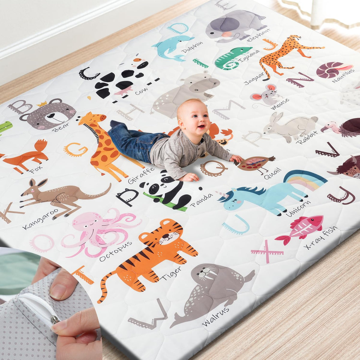 TINYHARBO Premium Foam Baby Play Mat cover removable; easy-clean for quick cleanup after play.