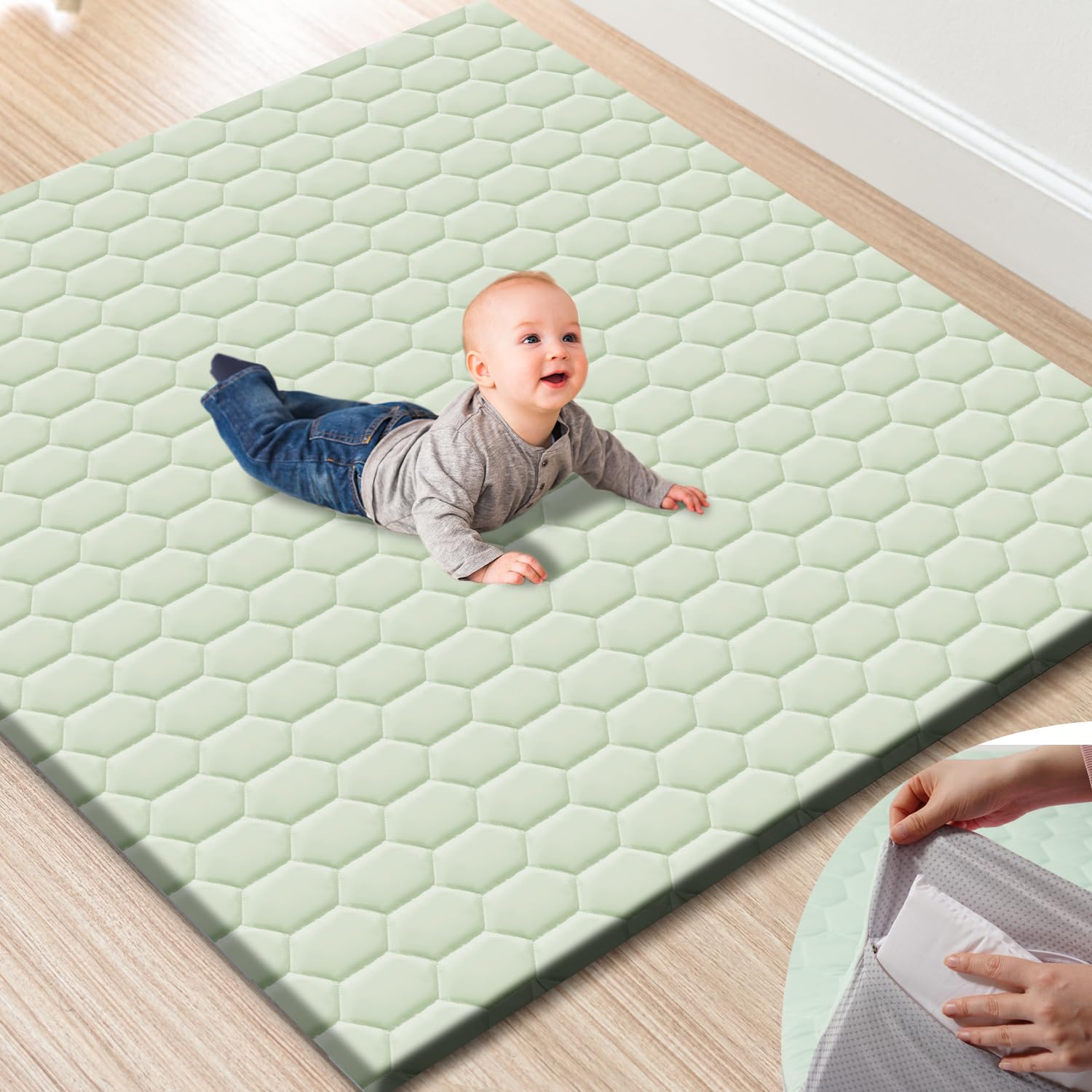 TINYHARBO Premium Foam Baby Play Mat cover shown, washable cover for easy cleanup.