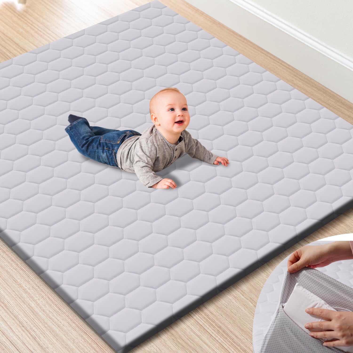 TINYHARBO Premium Foam Baby Play Mat full view in grey, showing roomy crawling space.