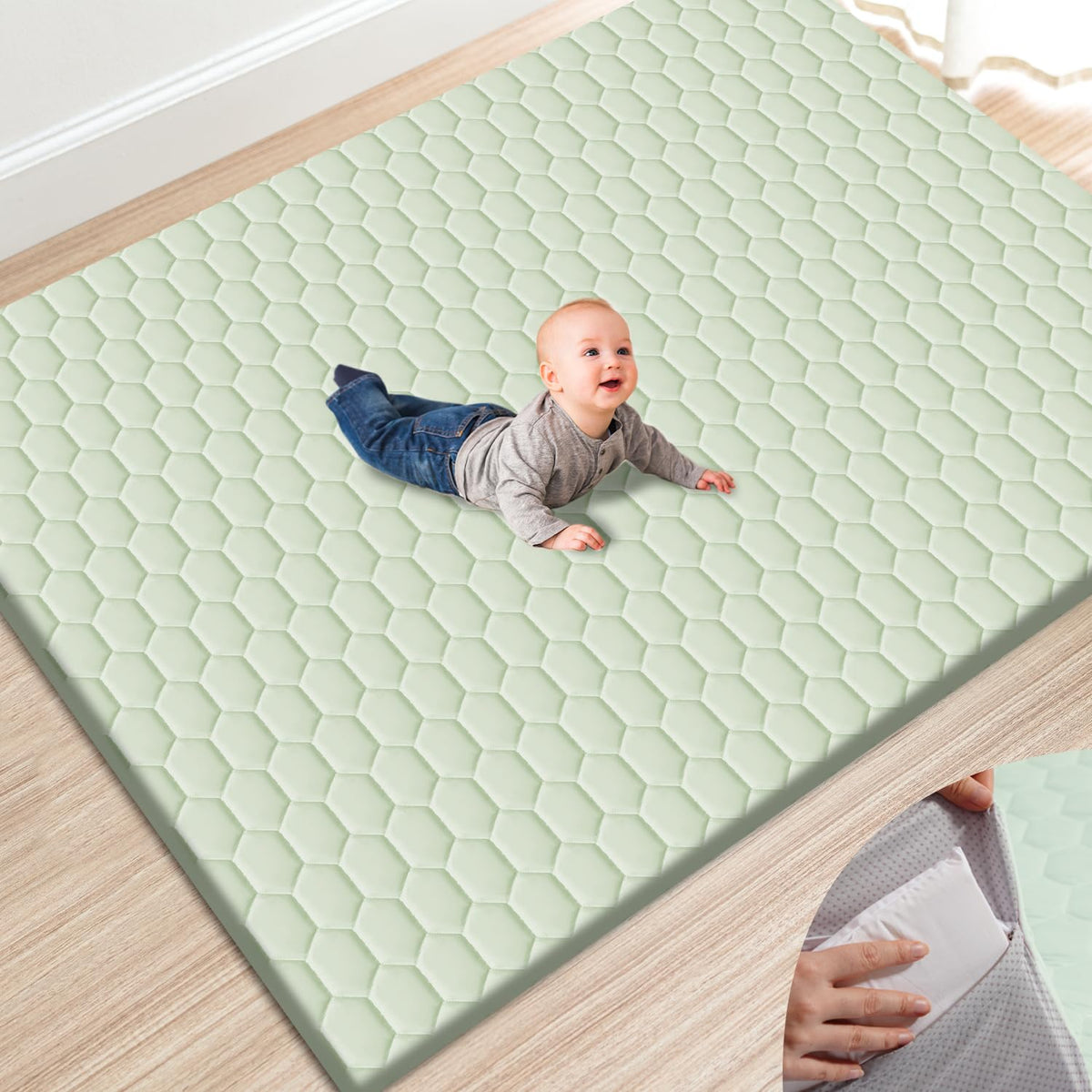 TINYHARBO premium foam baby play mat green, large surface for crawling and exploration.