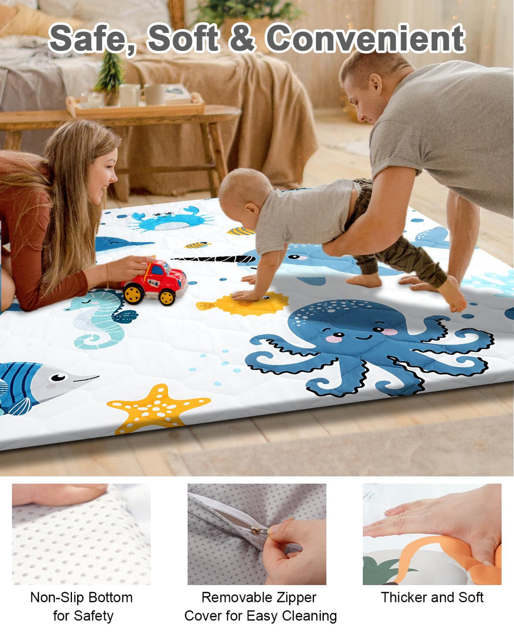 tinyharbo premium foam baby play mat machine-washable cover for quick mess cleanup