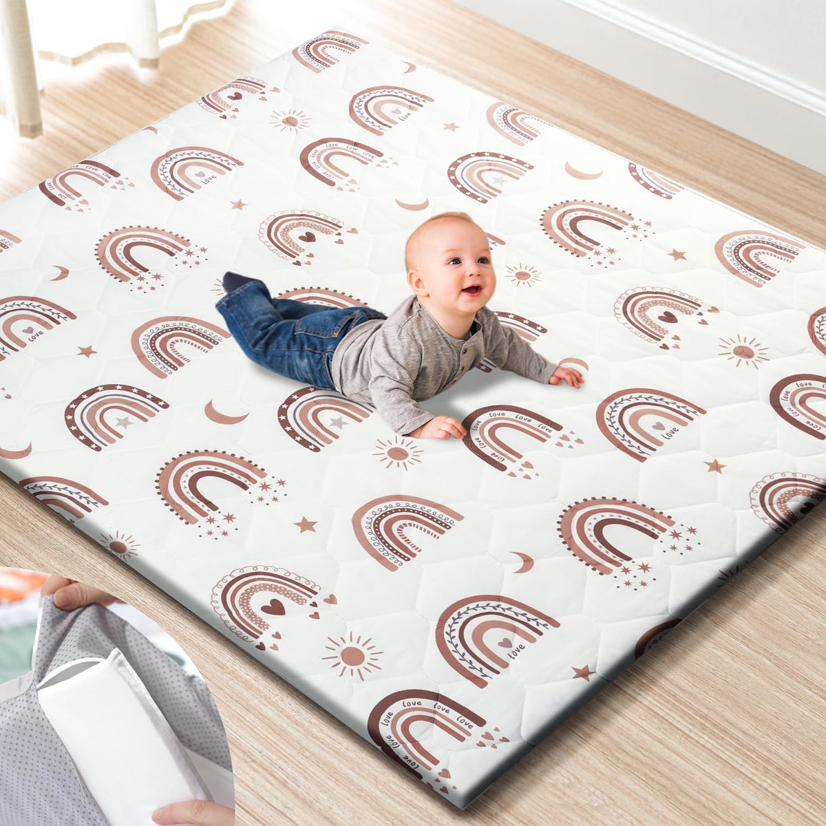 TINYHARBO Premium Foam Play Mat rainbow front view shows spacious crawling area.