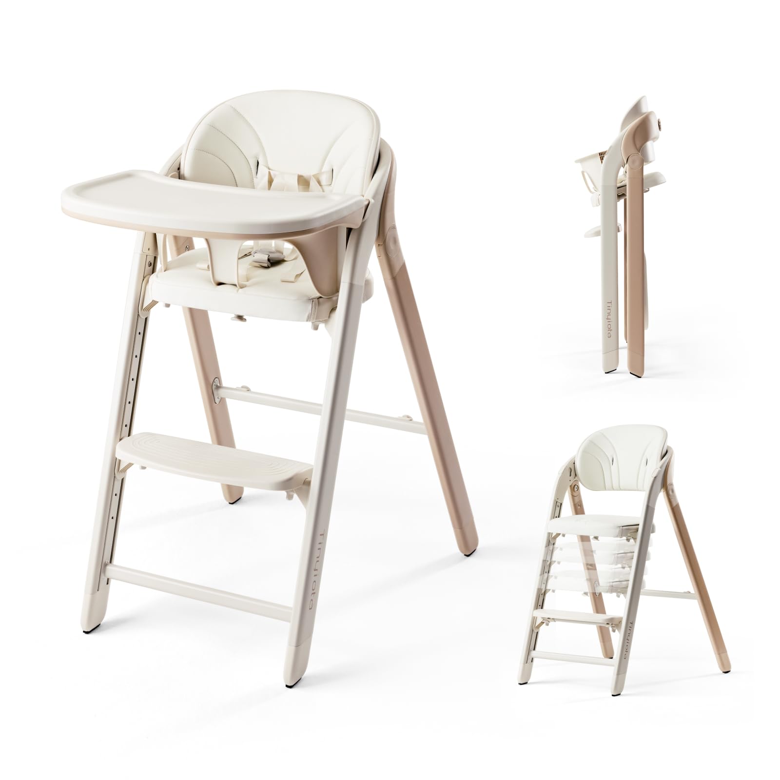 Tinyiota high chair fold-front view highlighting compact storage for small spaces