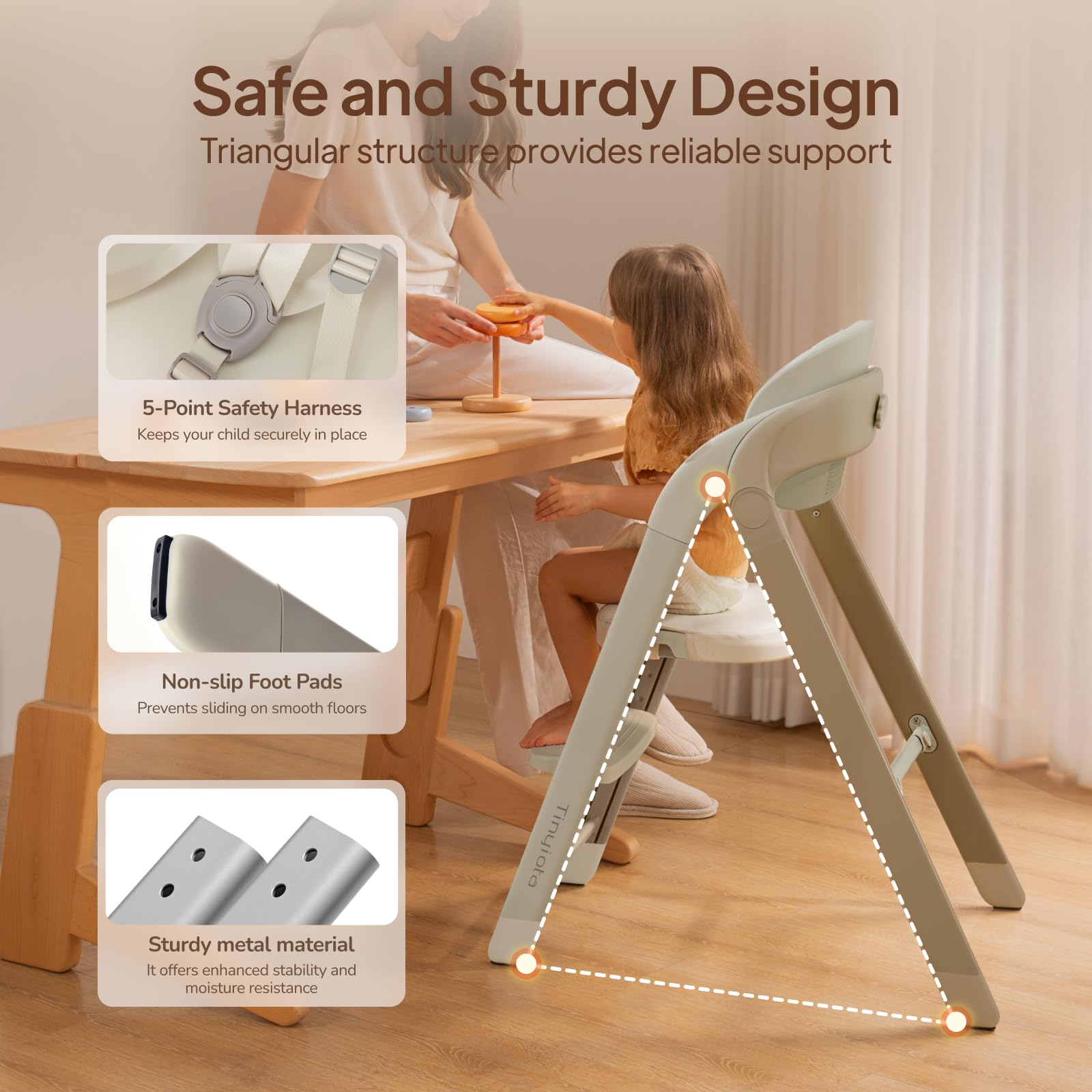 Tinyiota high chair tray-stow-back-legs demonstrates space-saving tray storage