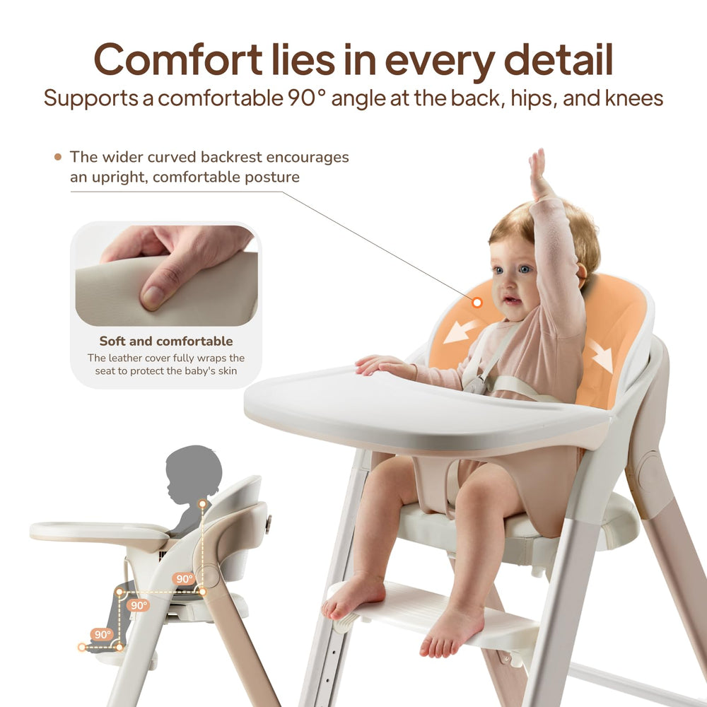Tinyiota high chair widened-seat-backrest illustrates comfortable seating for growing children