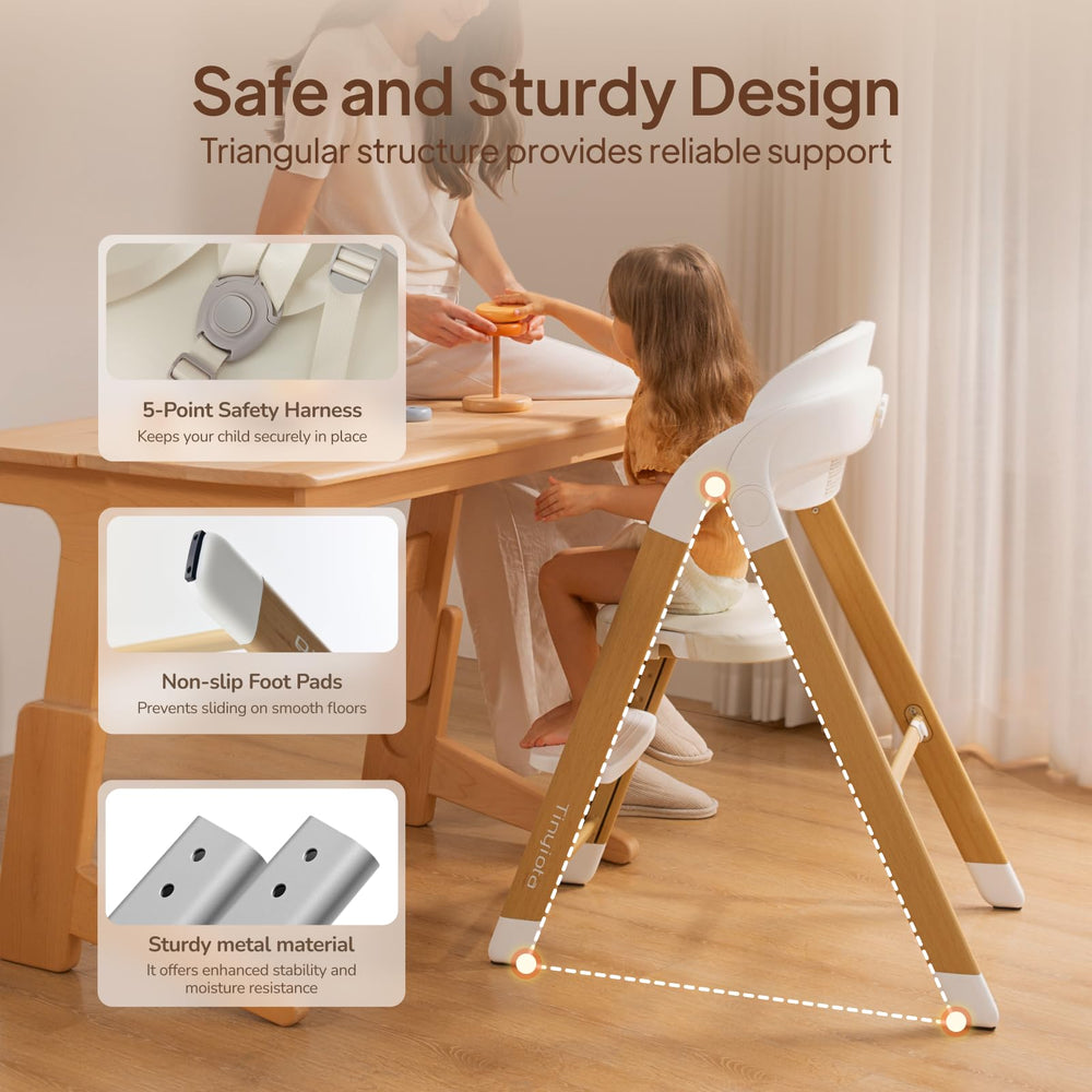 Tinyiota high chair wood color base-stability emphasizes durable, moisture-resistant frame.