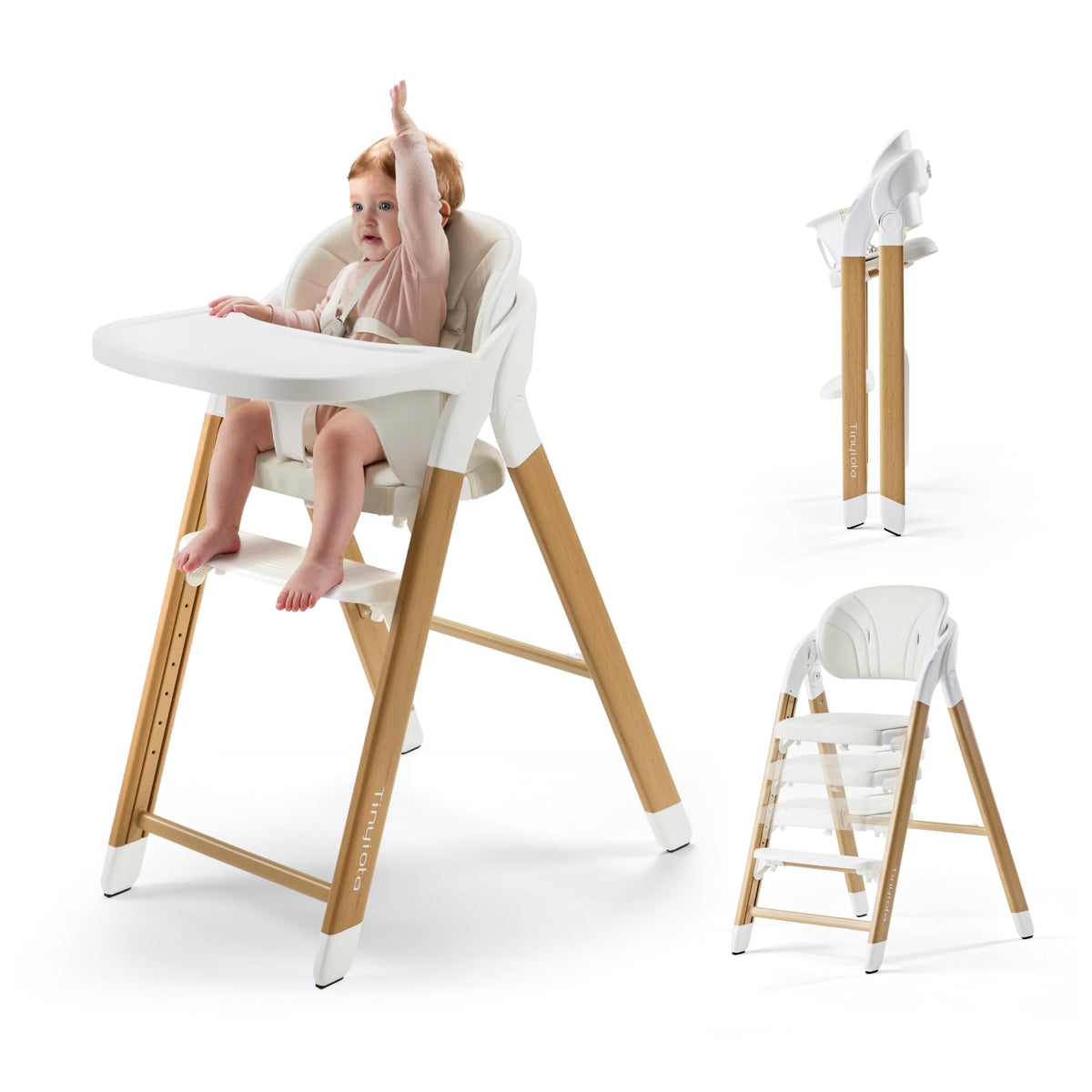 Tinyiota high chair wood color front view shows sturdy growth-ready design for feeding.