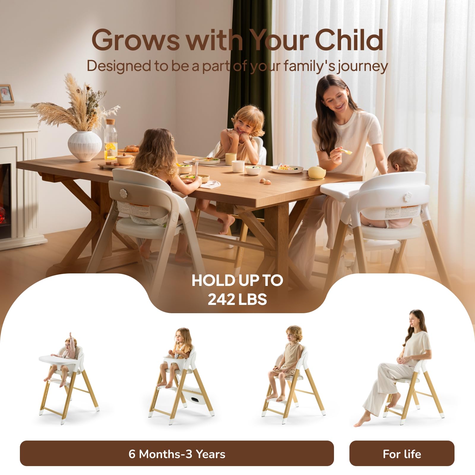 Tinyiota high chair wood color side view highlights adjustable height for every stage.