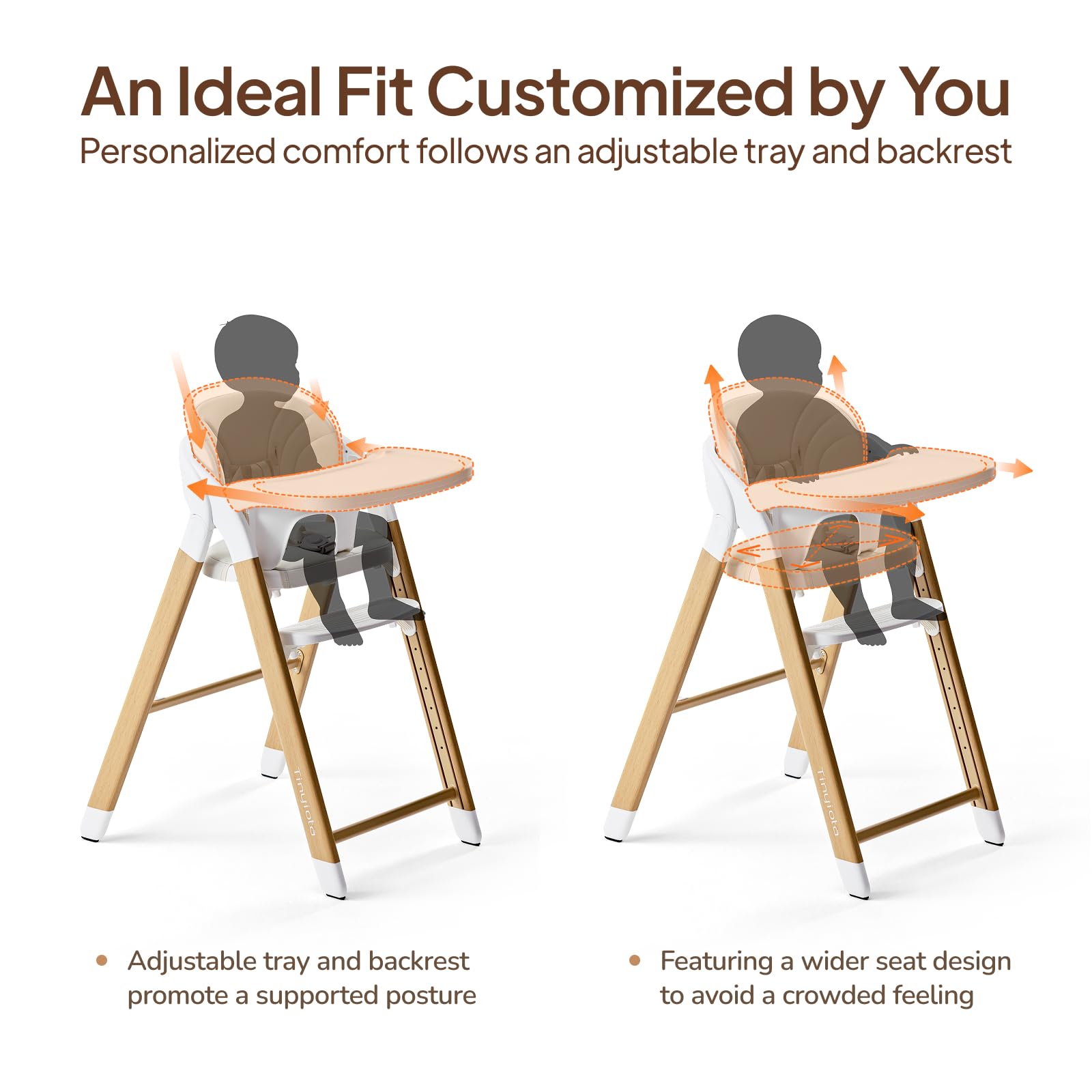 Tinyiota high chair wood color tray-extended demonstrates 2-position one-hand tray use.