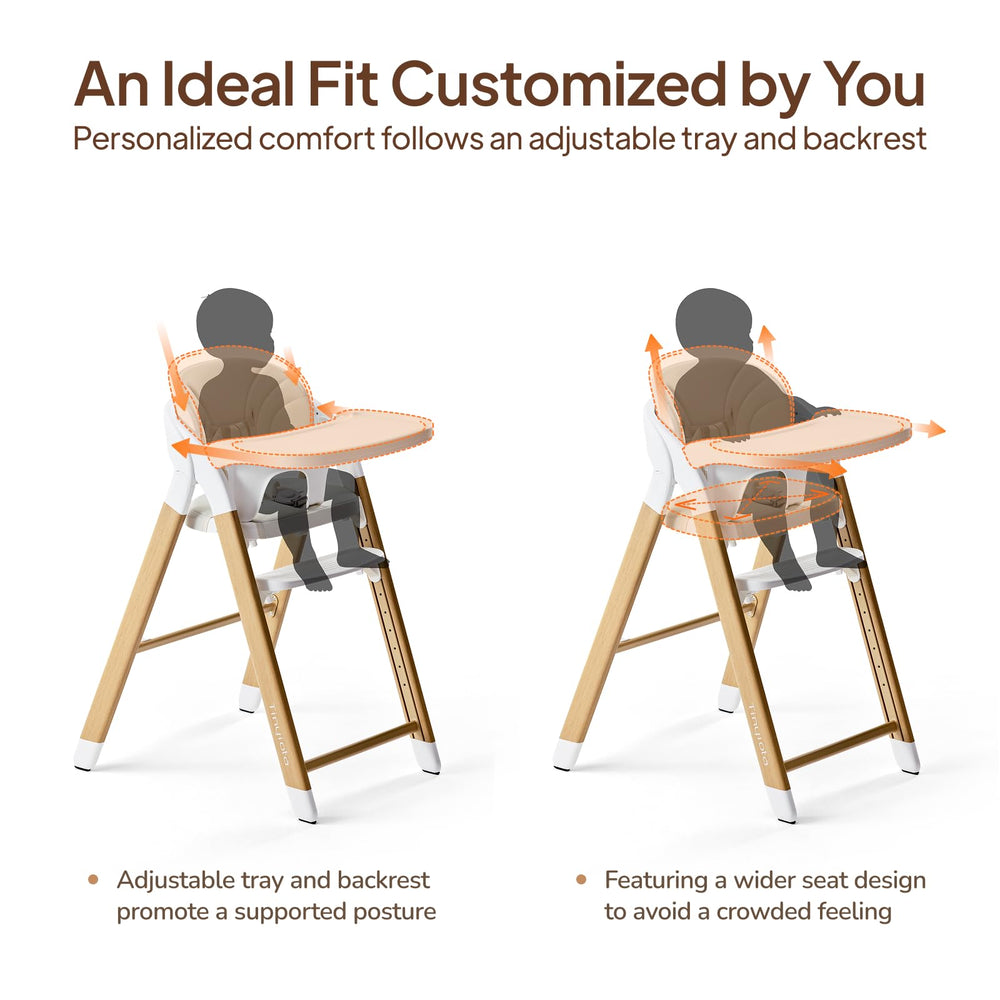 Tinyiota high chair wood color tray-extended demonstrates 2-position one-hand tray use.
