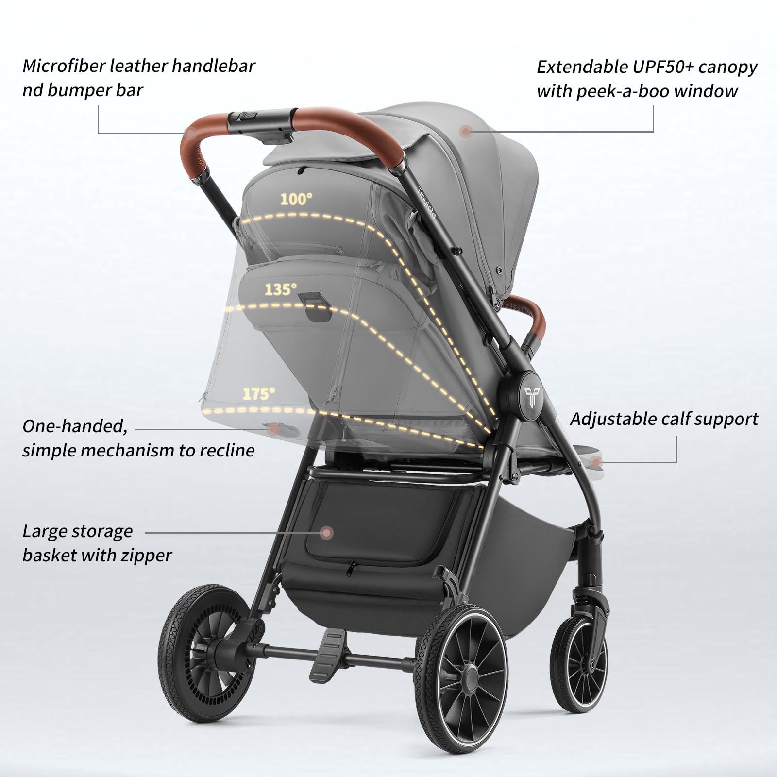 Tinyiota stroller all-terrain PU wheels absorb shocks for bumpy surfaces.