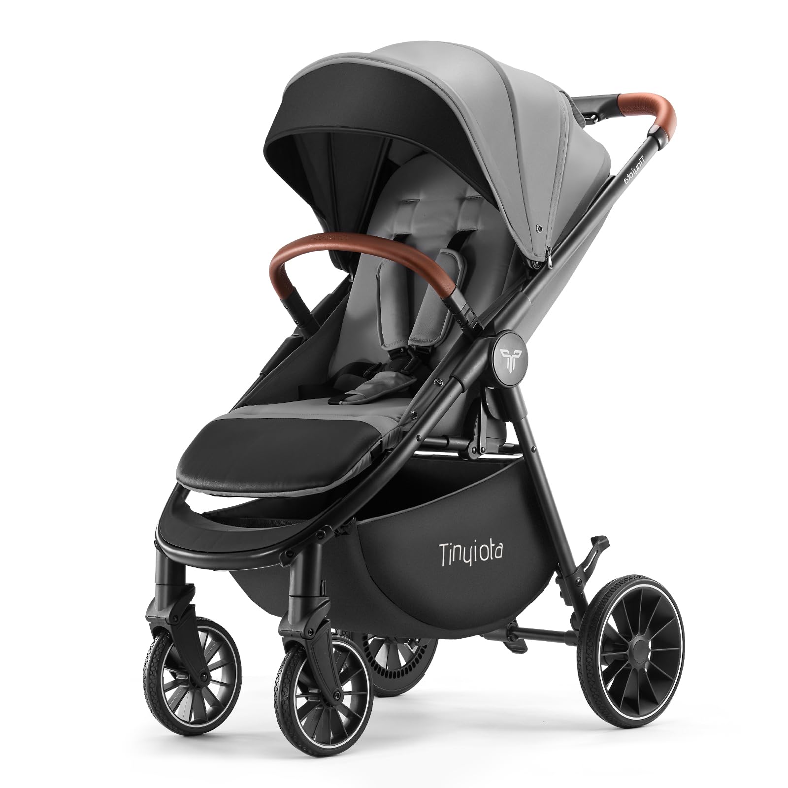 Tinyiota stroller gray side view shows durable aluminum frame for smooth rides.