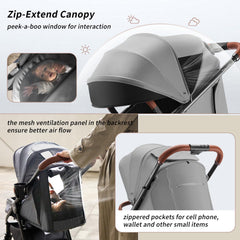 Tinyiota stroller gray with extended UPF canopy provides sun protection for outings.