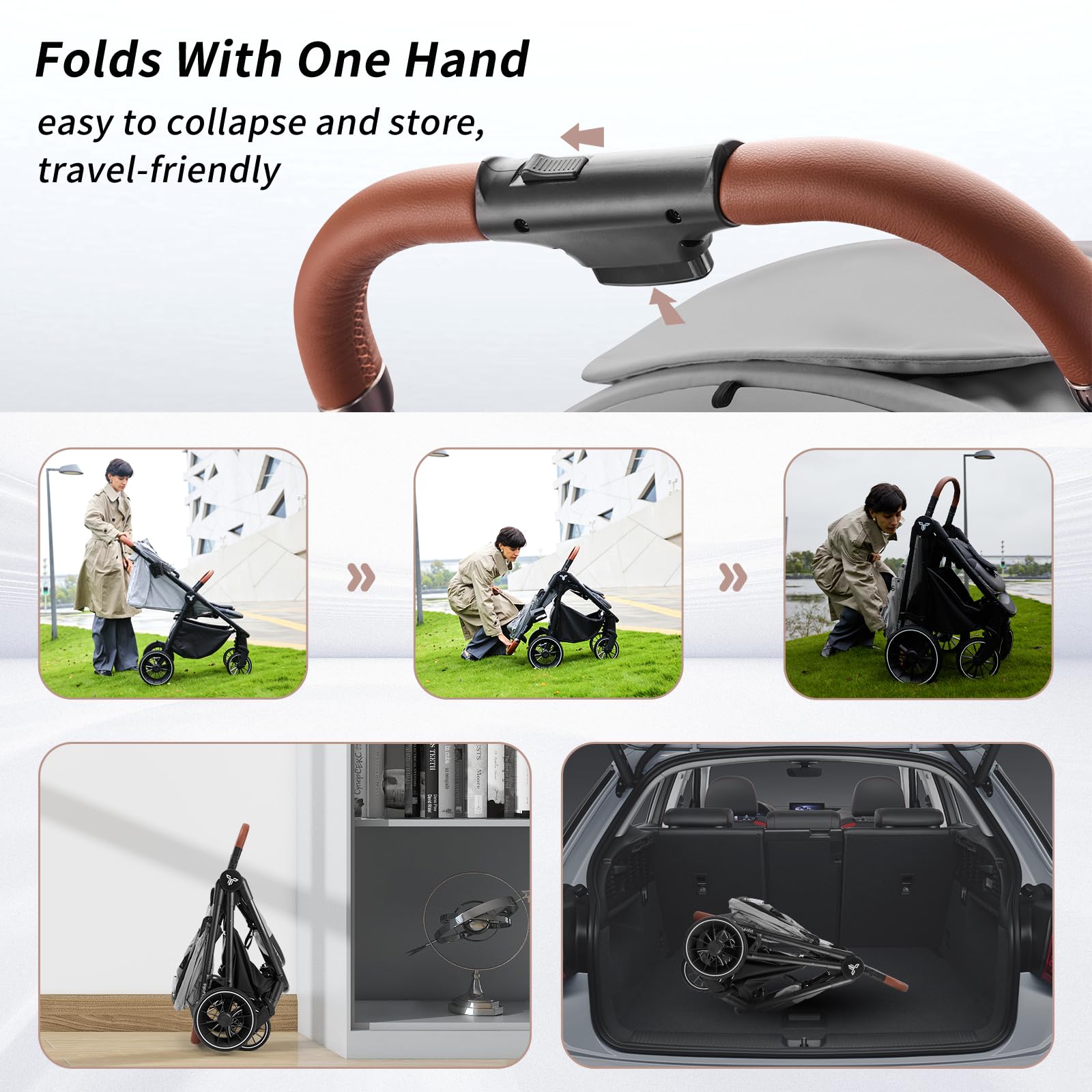 Tinyiota stroller leather handle closeup highlights luxurious grip and premium feel.