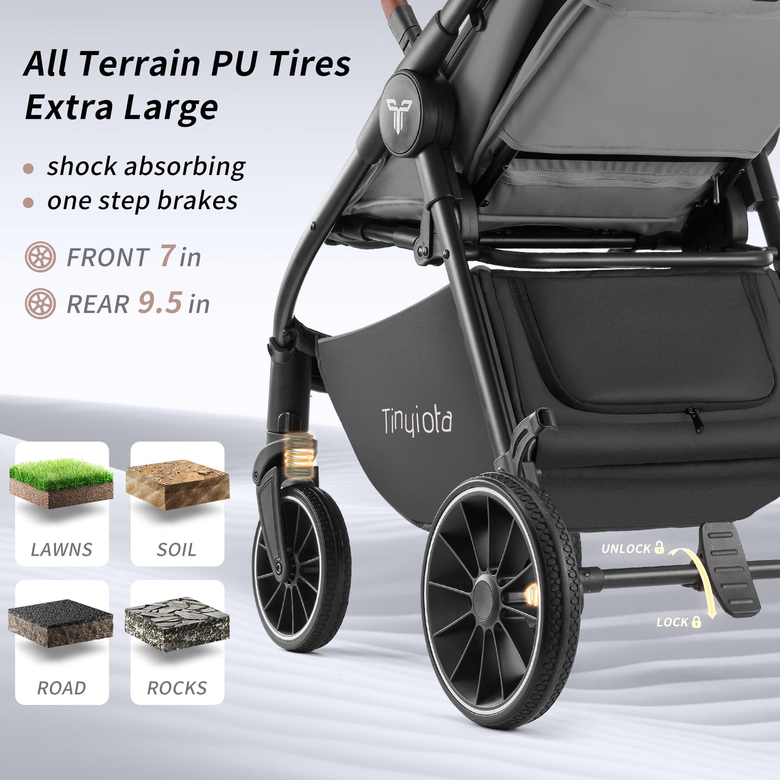Tinyiota stroller spacious seat 14 inches demonstrates roomier comfort for growing kids.