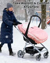 TinyPalsa carseat cover waterproof-shell blocks rain and snow while keeping baby warm.