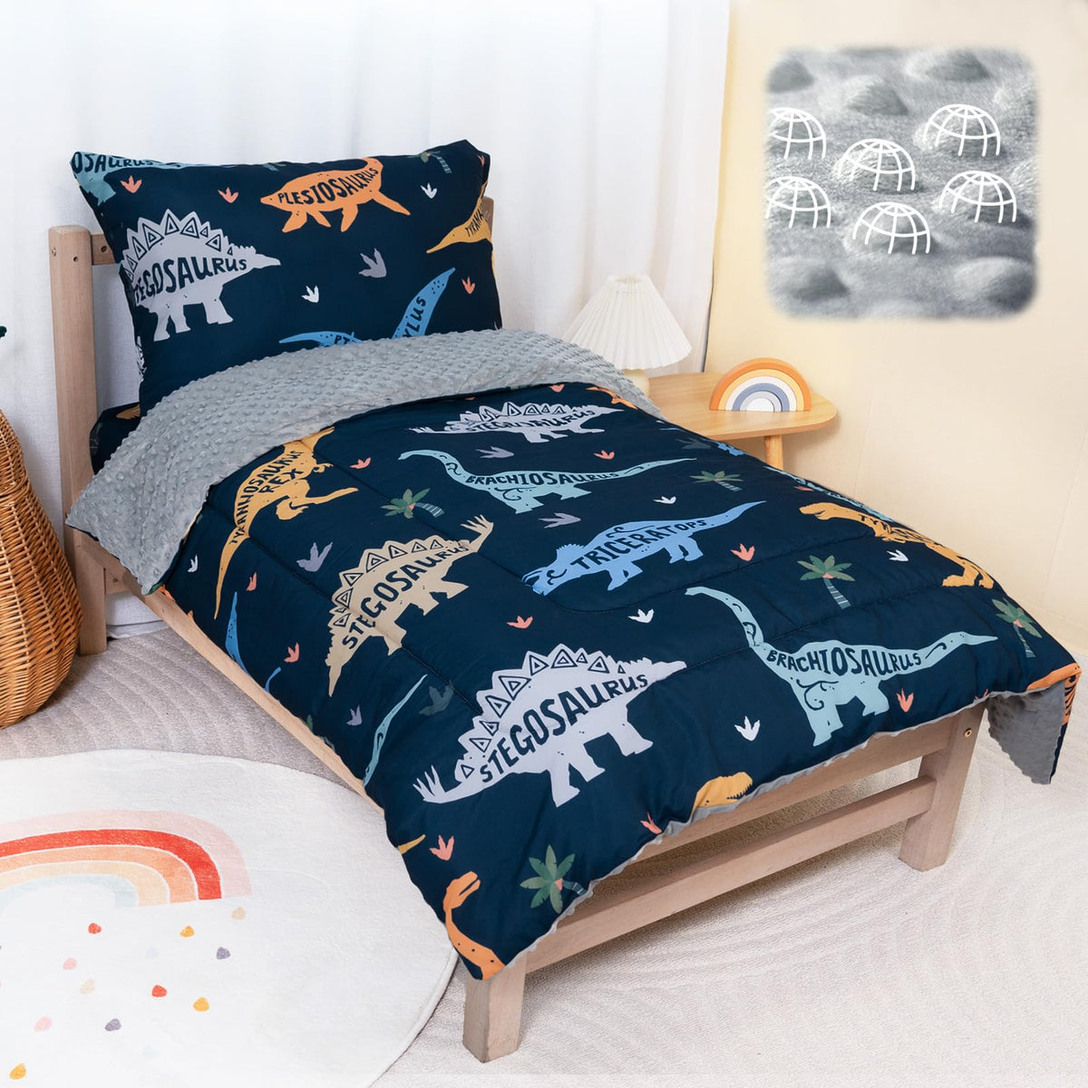 TinyPalsa Dinosaur Bedding Set comforter closeup shows plush minky backing for cozy nights.